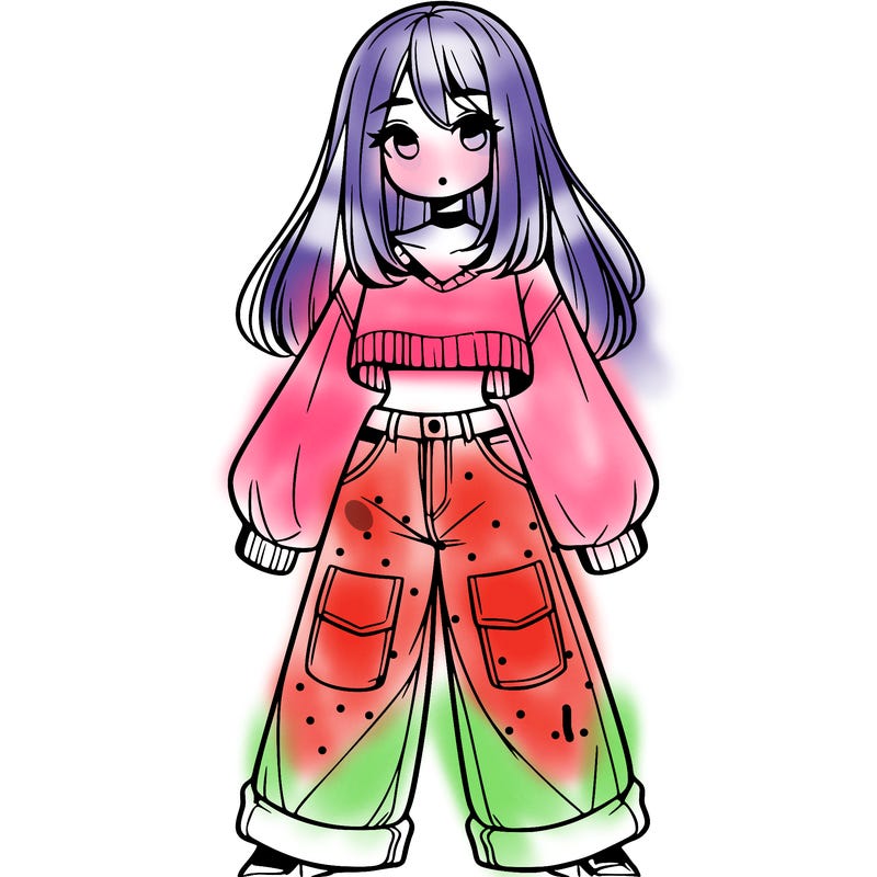 cute girl with straight hair in baggy jeans and a crop top and a sweater