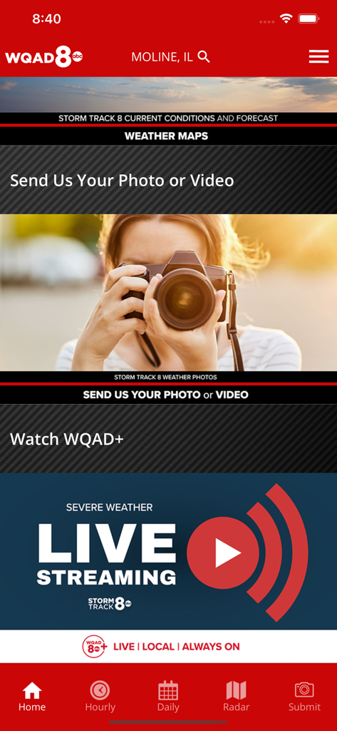 WQAD weather app home screen showing live streaming and photo submission features