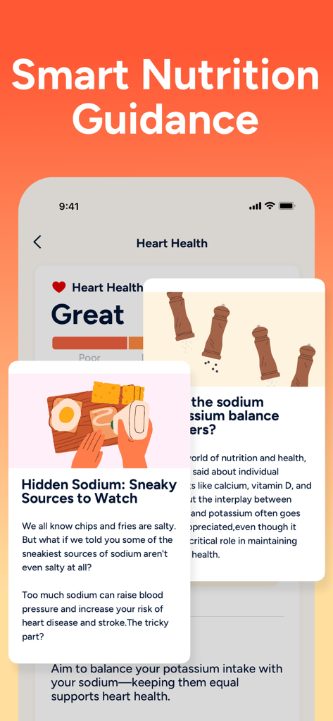 Eato®: Calorie Counter - Eato app interface showing smart nutrition guidance for heart health and sodium tracking.