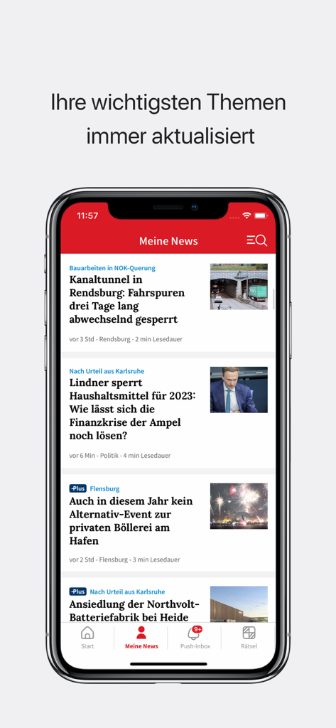 iPhone-Bildschirm mit dem personalisierten Newsfeed-Bereich der sh:z News App