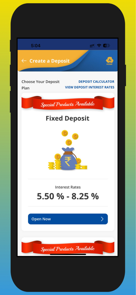 IndSMART IndianBank Mobile App - Schermata dell'app mobile IndSMART che mostra i tassi di interesse sui depositi fissi per i conti Indian Bank