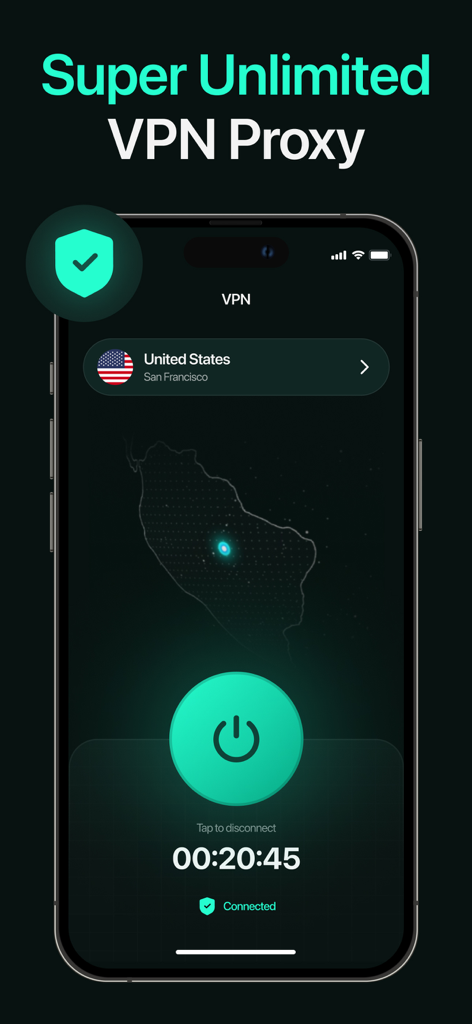 Pantalla de iPhone que muestra la interfaz de la aplicación VPN Super Unlimited Proxy con una conexión exitosa a un servidor de Estados Unidos en San Francisco