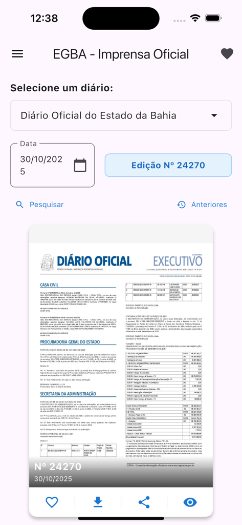EGBA - Imprensa Oficial - Interfaz móvil de la aplicación EGBA Imprensa Oficial que muestra una vista previa del Boletín Oficial de Bahía