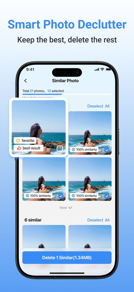 SmartClean AI：Auto Cleanup - SmartClean AI app screen identifying and selecting similar photos to delete for storage optimization.