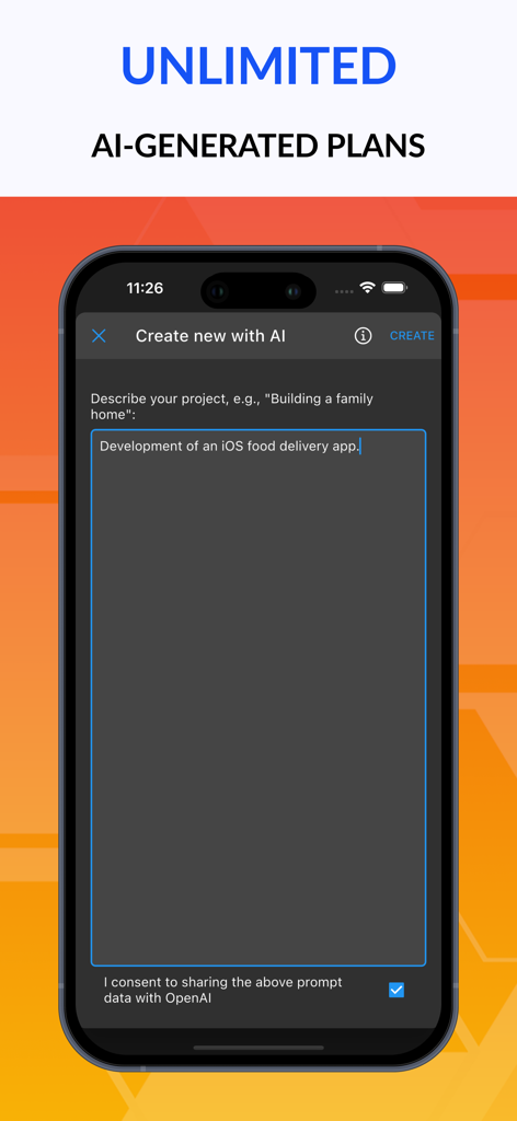 Gantt chart AI planner Ingantt - Interface de l'application mobile Ingantt montrant une invite pour créer un nouveau plan de projet à l'aide de l'IA