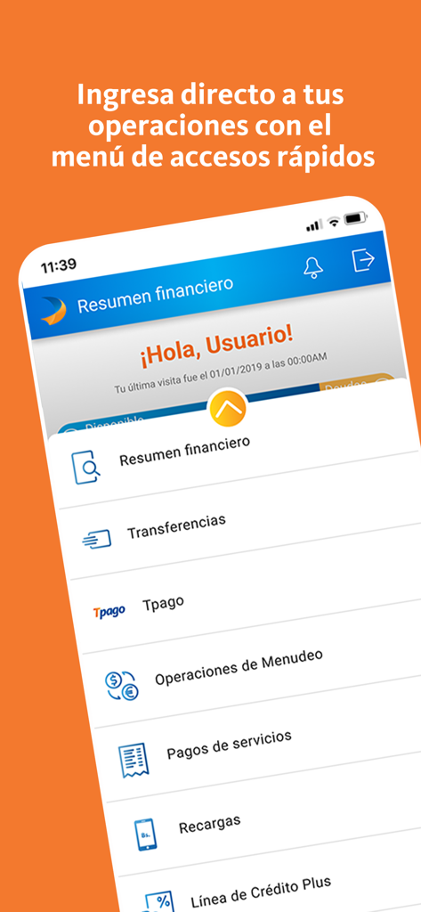 Mercantil Banco - Interface of the Mercantil Banco mobile app showing a quick access menu for transfers, Tpago, and utility payments.