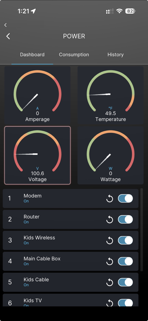Nice Mobile Viewer - Nice Mobile Viewer app power management dashboard featuring gauges for voltage and amperage along with device power toggles.