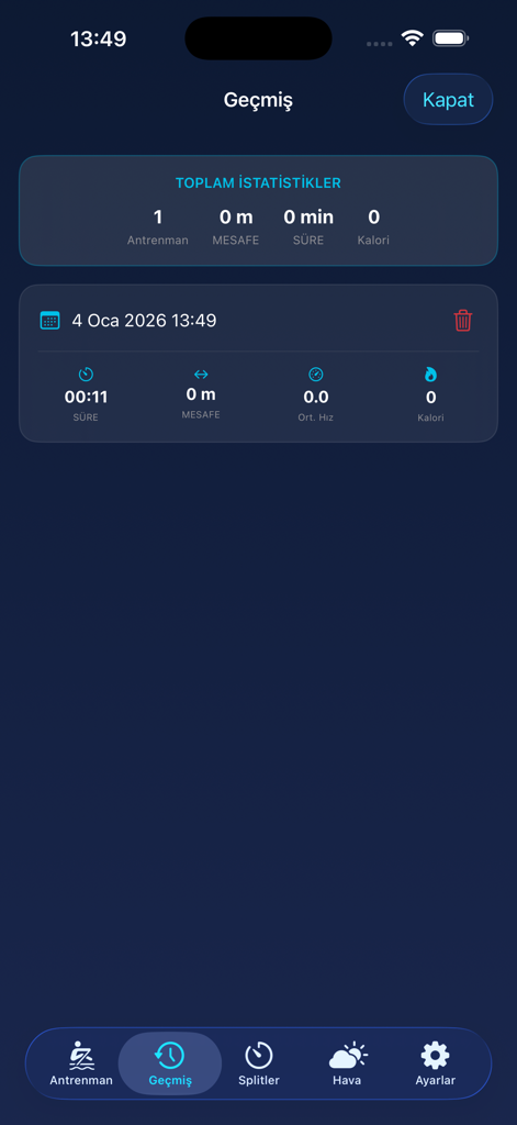 Rowing Track app history screen showing total workout statistics and session logs including distance and time.