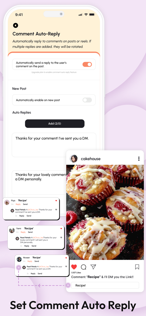 ReplyRush Comment Auto Reply - Interface of the ReplyRush app showing how to set up automated comment replies for Instagram posts and reels