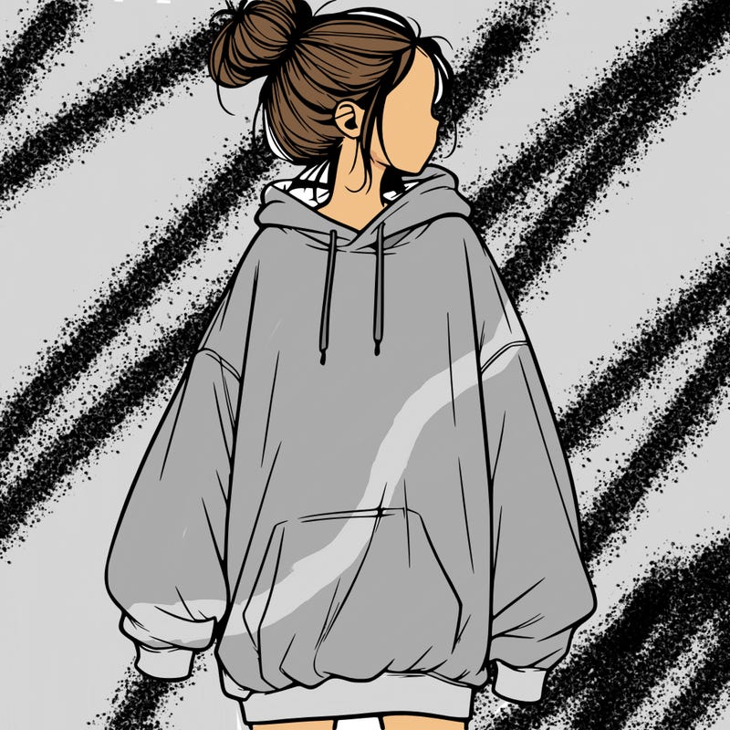 realistic girl with a oversized sweatshirt on and a bun