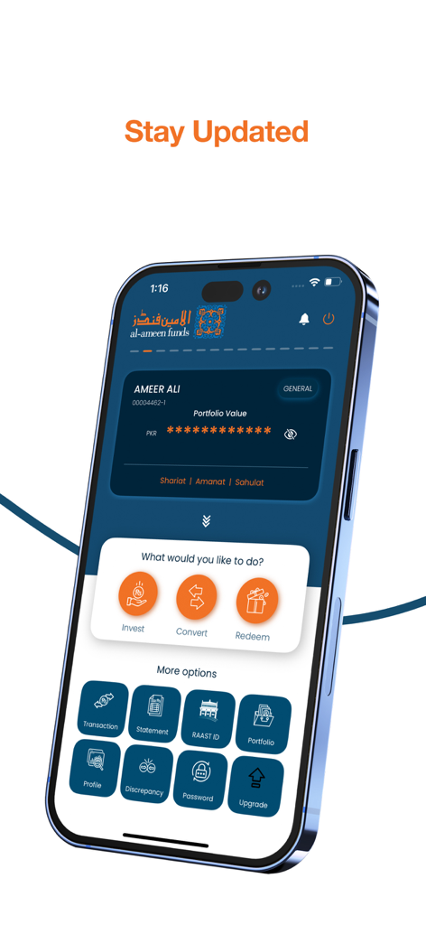 Main dashboard of the Al Ameen Funds mobile app showing investment and portfolio management features.