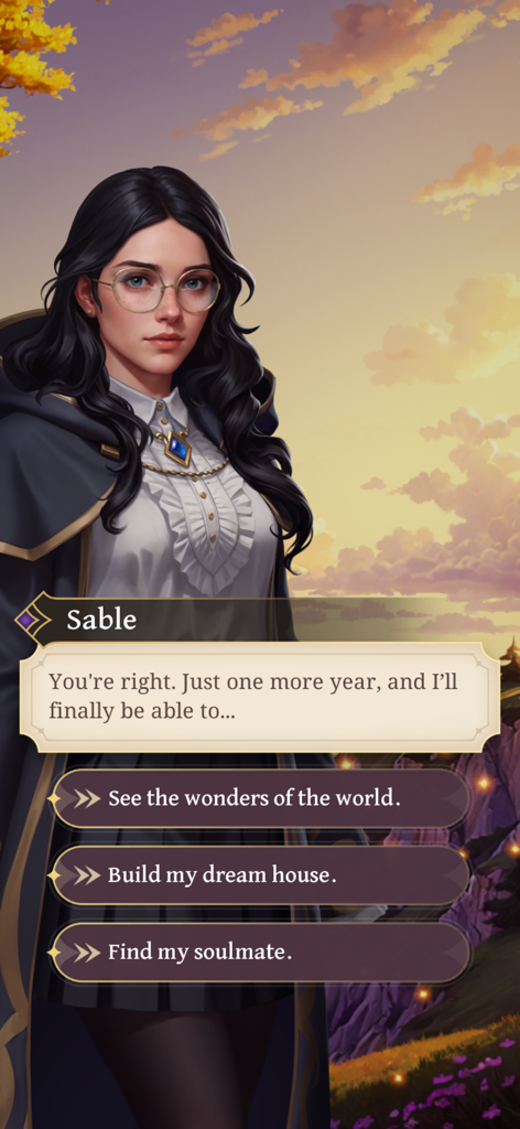 Character Sable in Love and Magic Spellfyre with three dialogue choices against a sunset background.