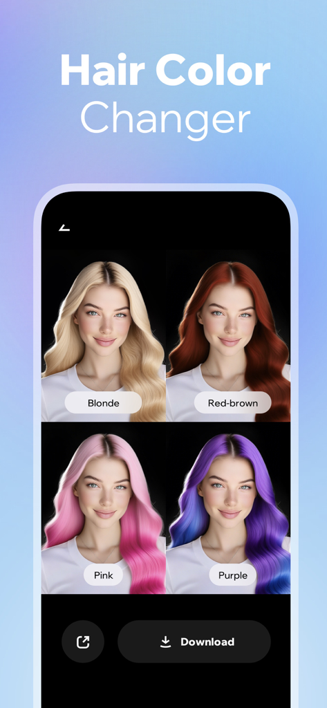 Prookie: Hair AI Hairstyle app - Interfaccia dell'app Prookie che mostra trasformazioni AI del colore dei capelli per capelli biondi, rossi, rosa e viola