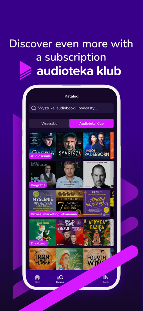 Screenshot of the Audioteka mobile app showing a catalog of audiobooks organized by categories like biographies and business