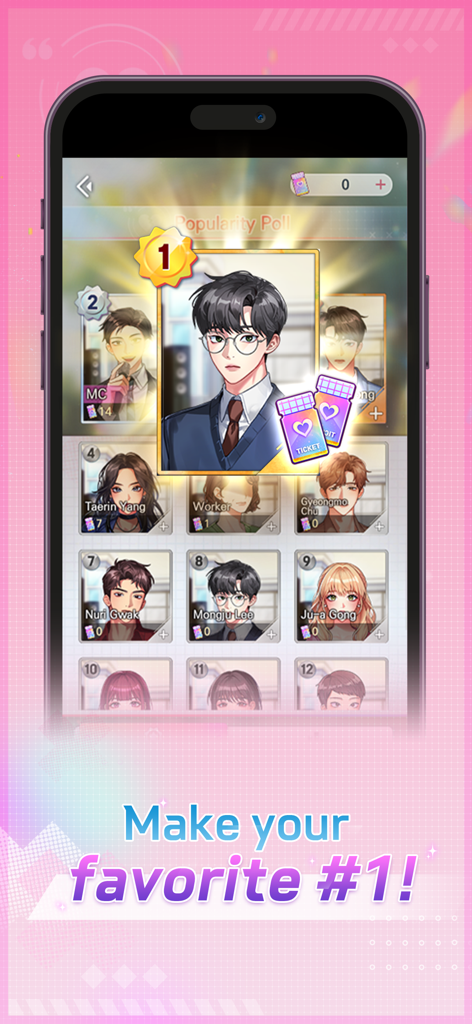 Couple Breaker: Romance Otome - カップルブレイカー乙女ゲームのキャラクター人気投票ランキング画面。プレイヤーは好きなキャラクターに投票できる。