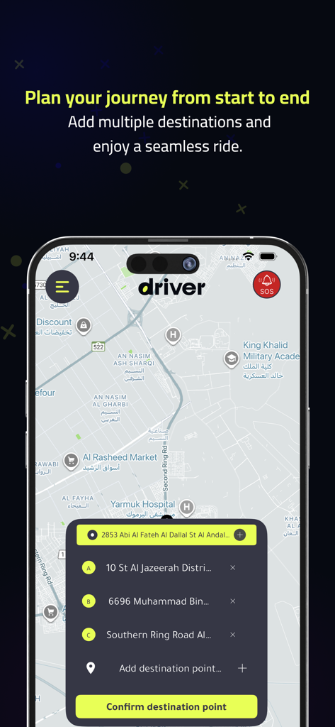 DRV-Driver - Interface of the DRV-Driver app showing a map with multiple destinations being added for a planned trip.