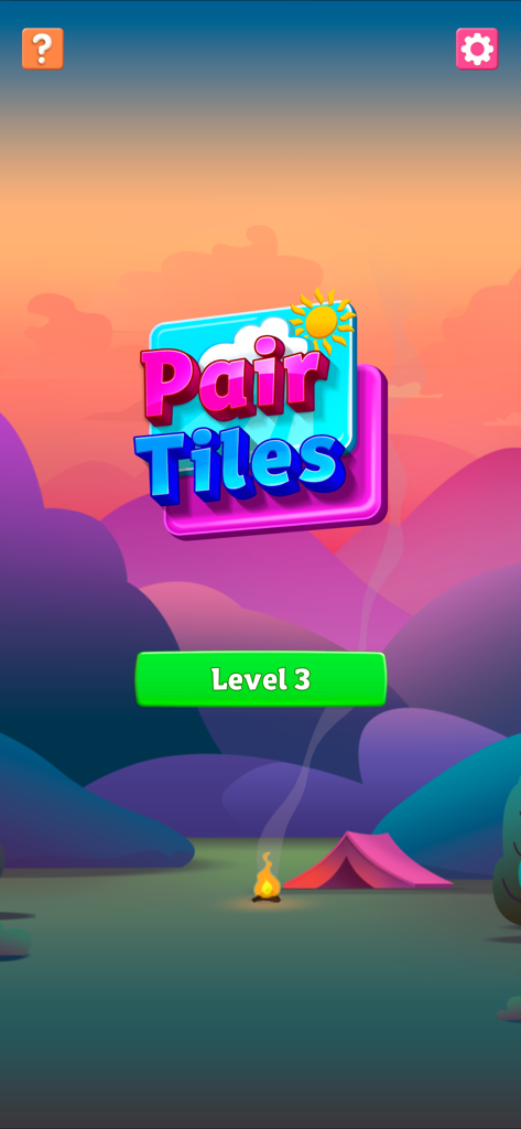 Pair Tiles: Match Puzzle 3-D - Menú principal del juego móvil Pair Tiles que muestra el botón del nivel 3 y la imagen de fondo del campamento.