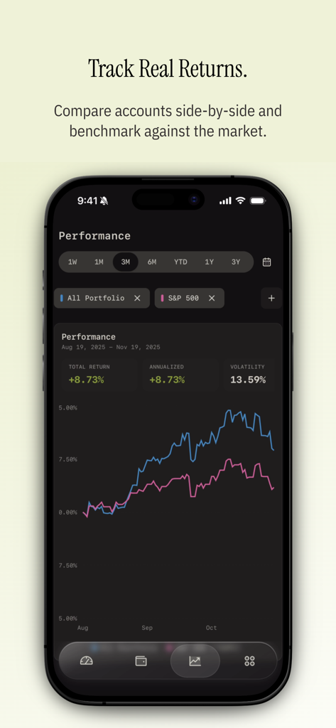 Wealthfolio: Private Finance - Interface do aplicativo Wealthfolio exibindo um gráfico de linha de desempenho do portfólio comparado ao S&P 500.