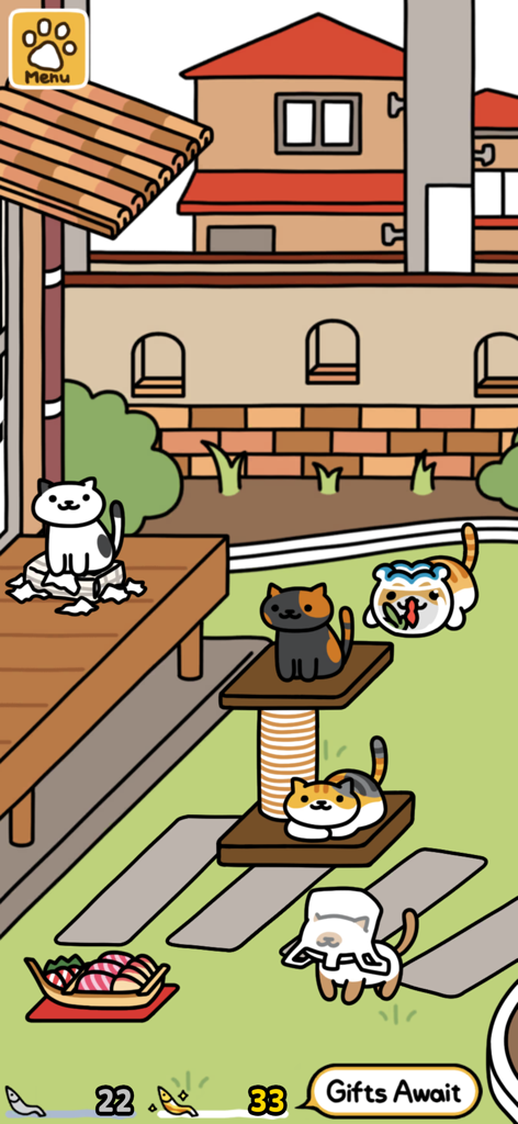 Neko Atsume 2 - Several cute cats interacting with toys and food in a backyard setting from Neko Atsume 2.