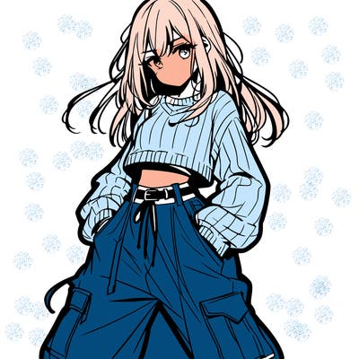 anime teen girl with baggy pants and crop top with sweater
