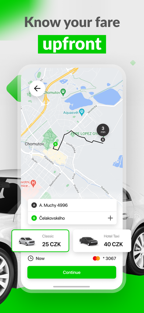 TO-MI: Taxi Czech Republic - Pantalla de la aplicación de taxi TO-MI que muestra precios fijos y mapa de ruta para un viaje en la República Checa