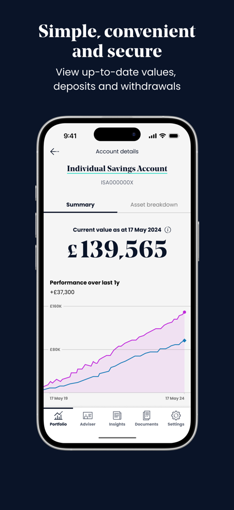 SJP - SJP mobile app interface showing an Individual Savings Account portfolio value of 139565 pounds with a performance growth chart.
