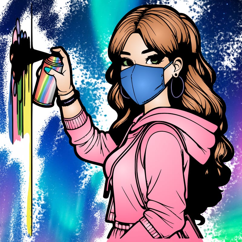 realistic girl with mask spray painting a wall
