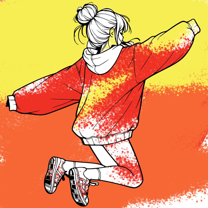 realistic girl jumping with a bun and oversized sweatshirt