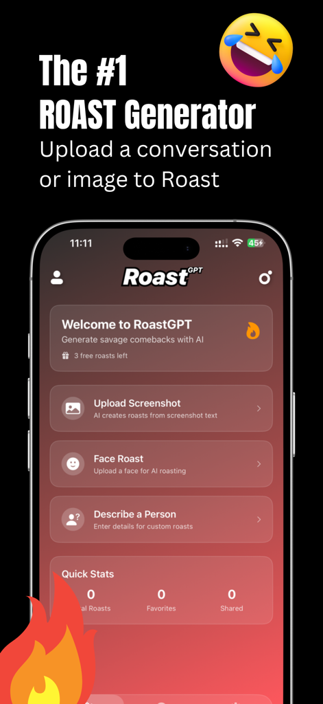 RoastGPT - AI Roast Generator - Interface of the RoastGPT app on an iPhone showing options to upload screenshots or faces for AI roasting.