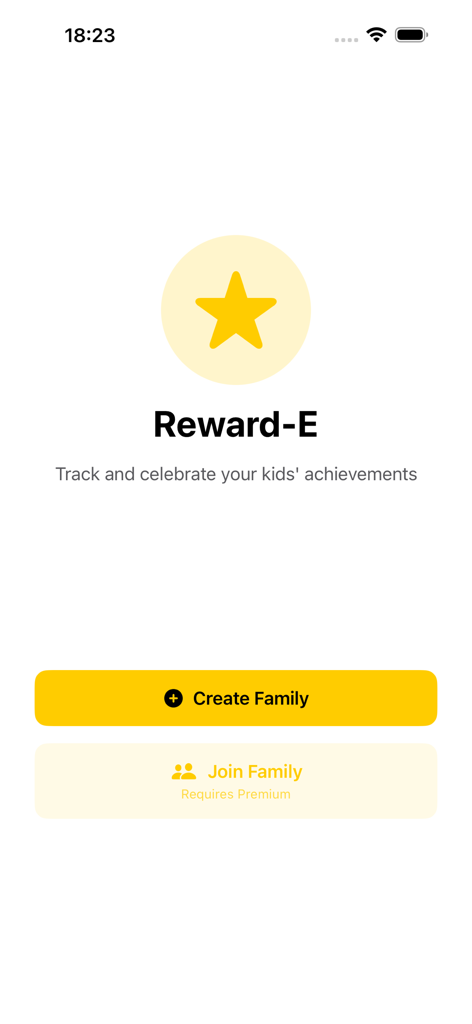Reward-E - Star Rewards - Welcome screen of the Reward-E app showing a star icon and buttons to create or join a family