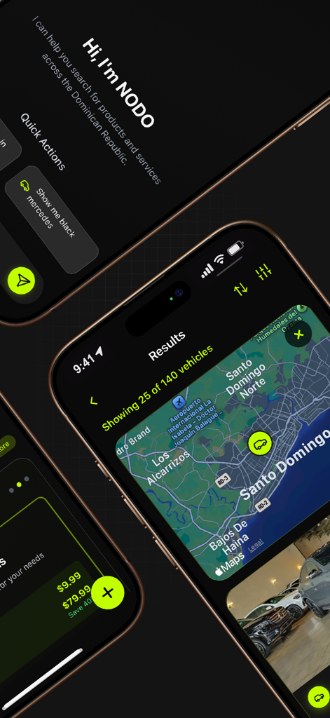 Interfaz de la aplicación móvil NODO.ia mostrando resultados de búsqueda local y un mapa de descubrimiento de negocios