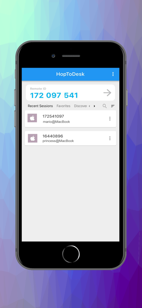 HopToDesk mobile app interface showing a remote connection ID and recent MacBook remote desktop sessions