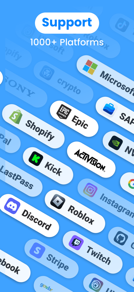 Authenticator App · 2FA - Authenticator app interface showing support for over 1000 platforms including Microsoft Shopify and Discord