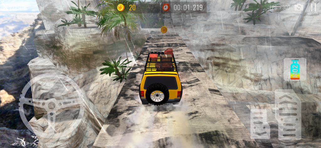 Mountain Climb 4x4 Car Driving - A yellow 4x4 off-road vehicle driving on a narrow mountain ledge during a rainstorm
