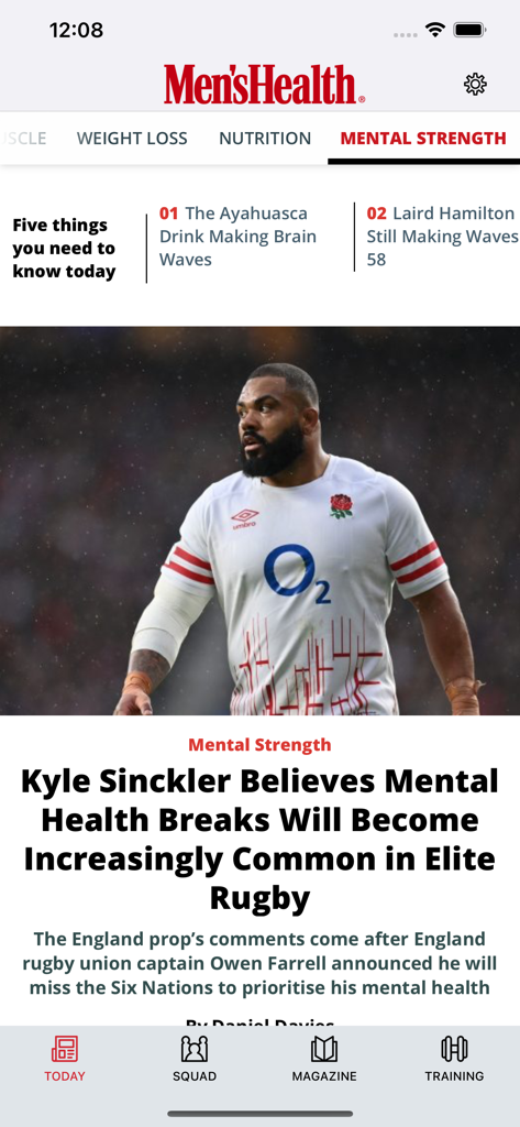 Men's Health UK - エリートラグビーにおけるメンタルストレングスに関する記事を特集したMen's Health UKアプリのTodayタブのスクリーンショット