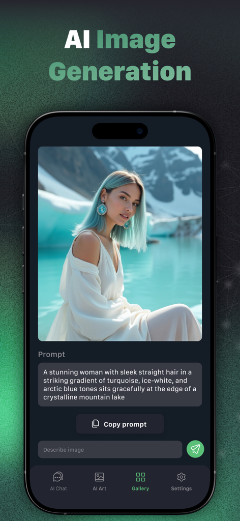Pantalla de smartphone que muestra la generación de imágenes de IA de una mujer junto a un lago con un texto descriptivo