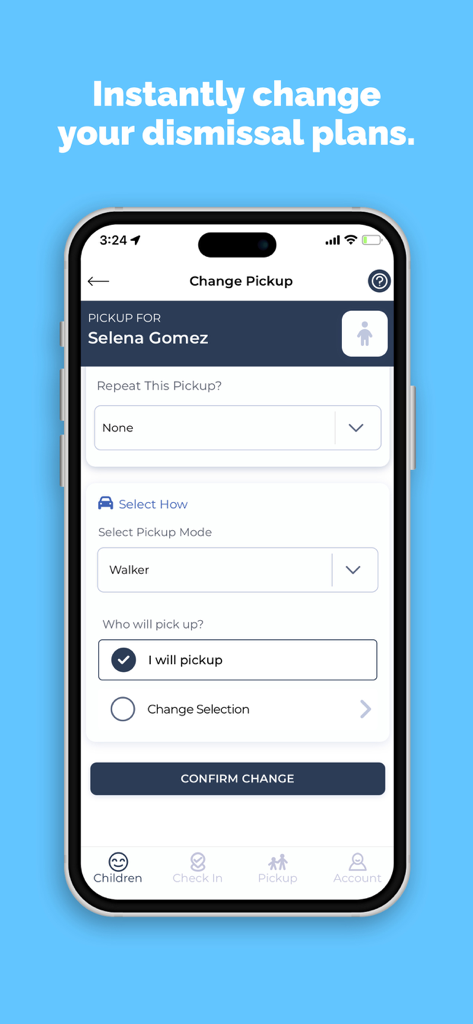 Pikmykid Parent app interface for managing and changing school dismissal and pickup plans.