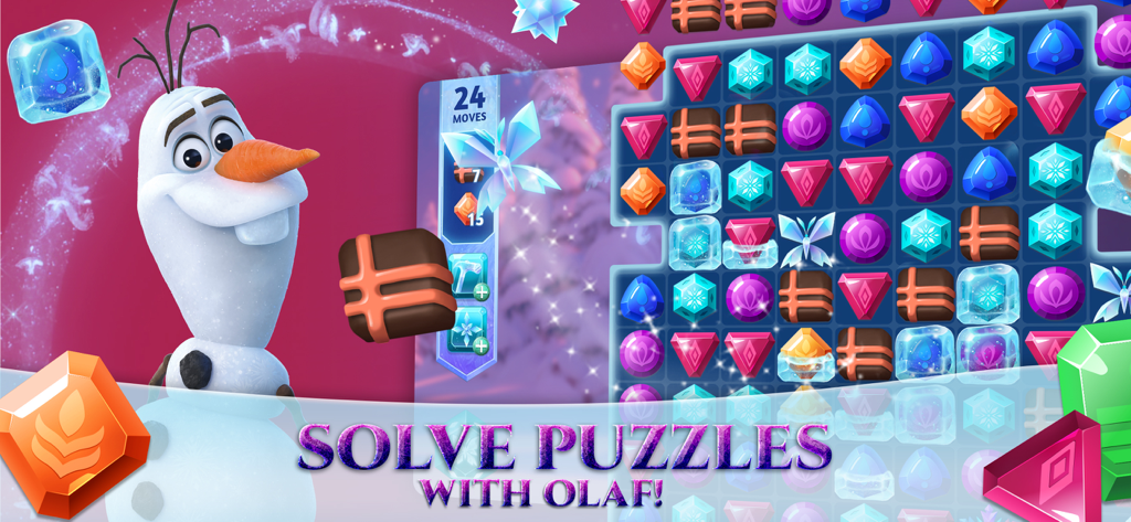 Olaf standing next to a colorful match 3 puzzle board in Disney Frozen Adventures