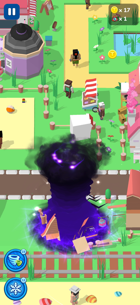 A purple tornado absorbing buildings and objects in a colorful 3D landscape.