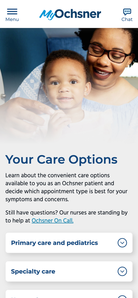 MyOchsner - MyOchsner mobile app screen displaying healthcare options for primary and specialty care