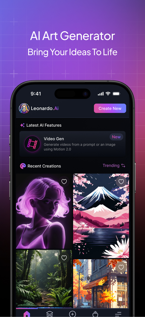 Leonardo.Ai - Image Generator - Interfaz de la aplicación Leonardo.Ai mostrando galería de arte generado por IA y funciones de generación de vídeo