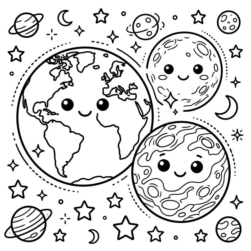 Dive into the wonders of space with this delightful coloring page featuring cheerful terrestrial planets like Earth and the Moon. It's a fantastic and educational activity for young space explorers!