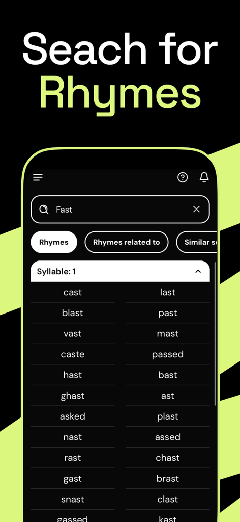 Fast Rhymes Songwriting Studio - Pantalla de búsqueda de rimas en la aplicación Fast Rhymes Songwriting Studio mostrando resultados para la palabra 'fast'