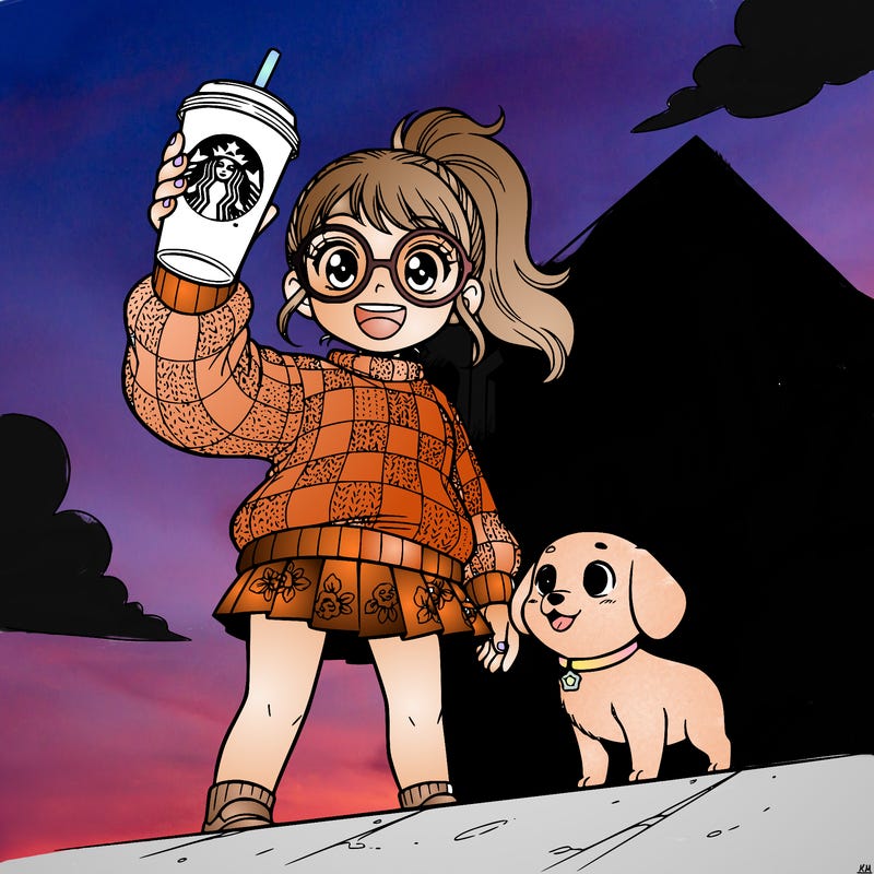 girl with glasses on and wearing a sweater and a skirt drinking starbucks