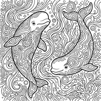 Explore a mesmerizing underwater world with our unique psychedelic beluga whales coloring page. This intricate design invites you to bring two majestic belugas to life amidst a backdrop of swirling, trippy patterns.