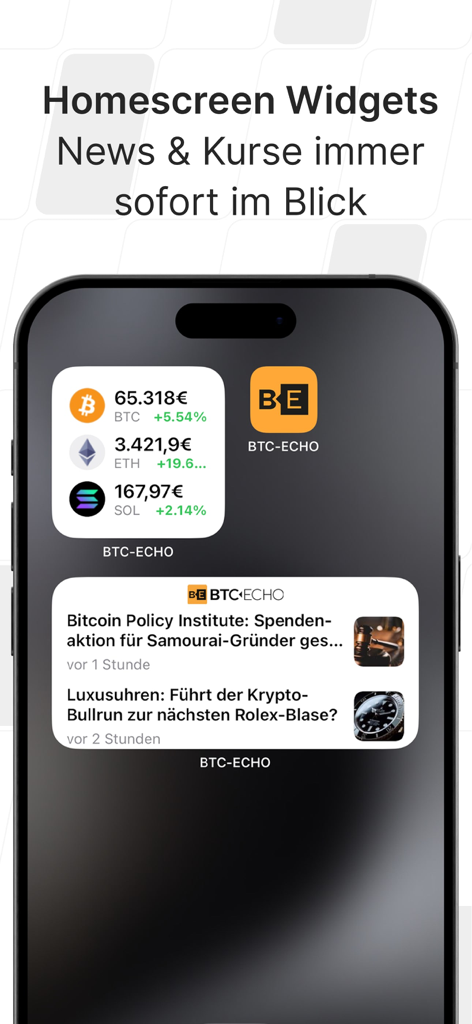 BTC-ECHO Bitcoin & Krypto News - Smartphone screen displaying BTC-ECHO crypto price and news widgets in German.