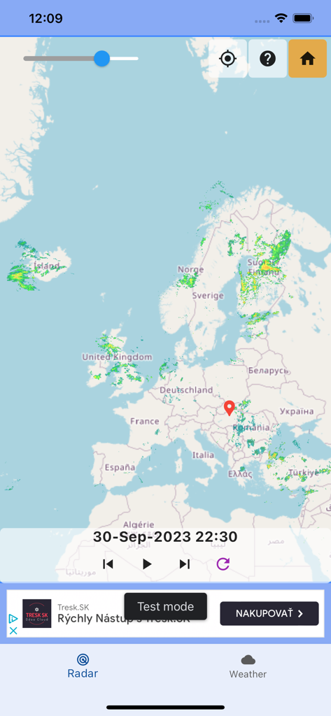 Weather radar Europe - A mobile weather app interface showing an interactive precipitation radar map over the European continent