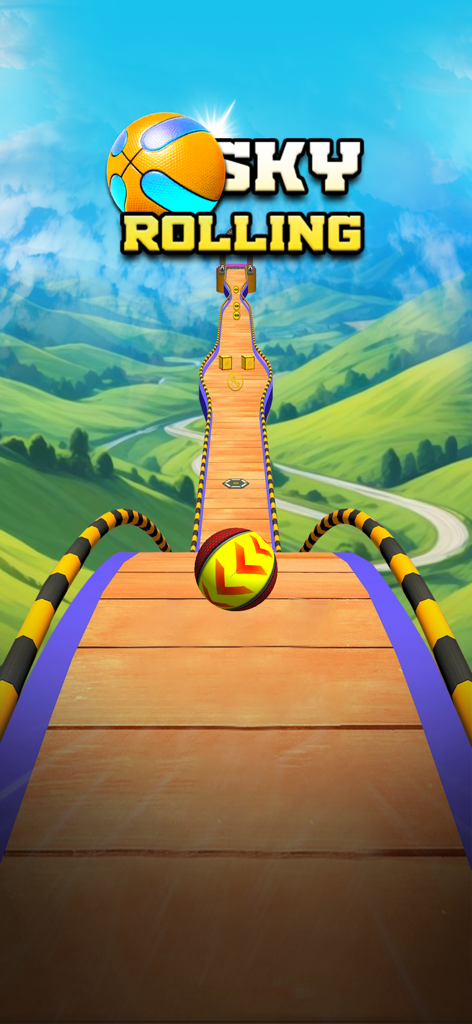 Rolling Sky: Balls Racing Game - 푸른 언덕과 산이 내려다보이는 높은 고도의 나무 트랙에서 굴러가는 3D 공.