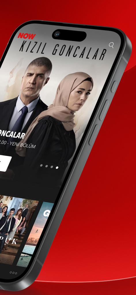 NOW Turkiye mobile app interface displaying the Kizil Goncalar drama series on a smartphone screen