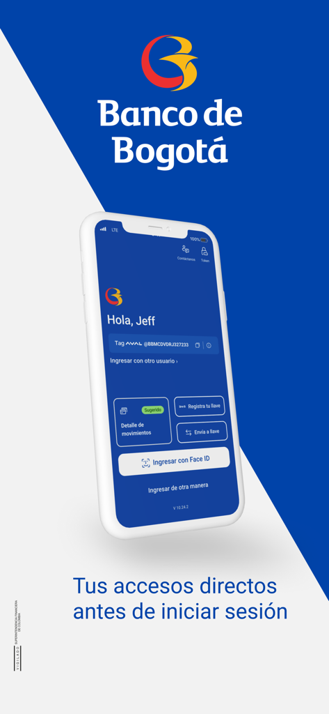 Banco de Bogotá - Tela de login do aplicativo Banco de Bogota mostrando atalhos de acesso rápido e opção de Face ID